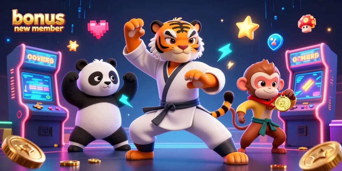 Engage with the bonus new member experience in this vibrant casino-themed 3D illustration showcasing dynamic characters and gaming elements.