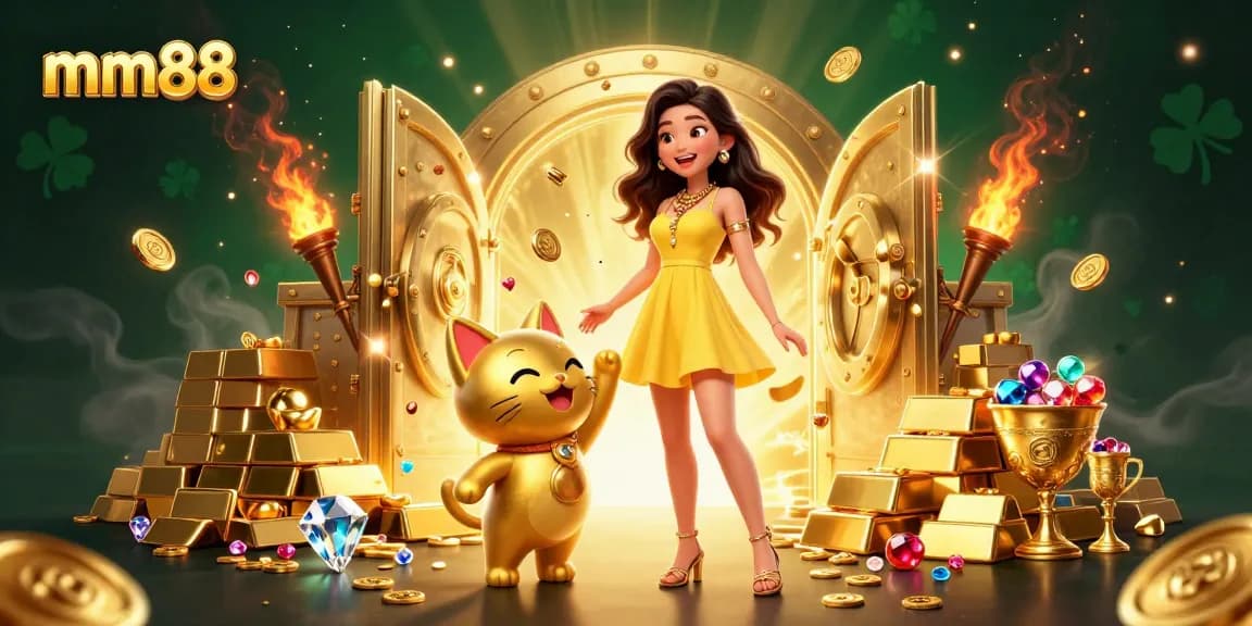 Experience the excitement of mm88 with golden treasures and winning interactions in this vibrant casino illustration.