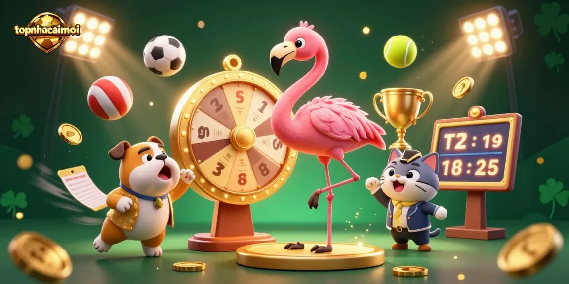 Engage with topnhacaimoi by spinning prizes with animated casino characters in a vibrant scene.