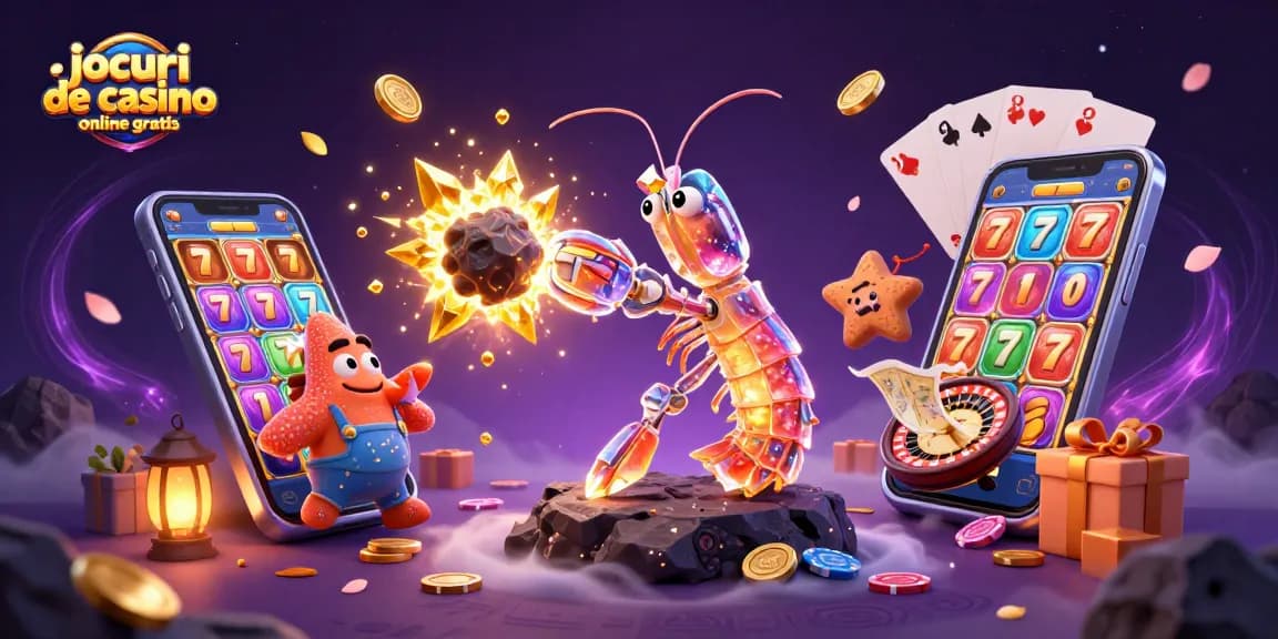 Joacă jocuri de casino online gratis cu păcănele și câștiguri strălucitoare, într-o ilustrație detaliată.