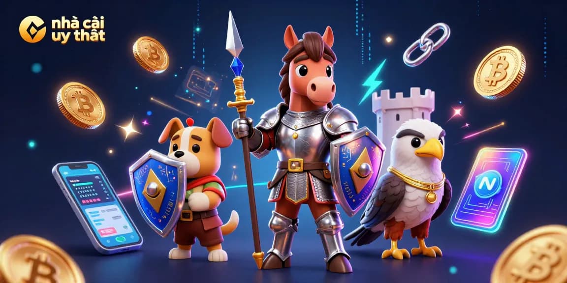 Experience the thrill of nhà cái uy tín with medieval knight and crypto-themed elements surrounding them.
