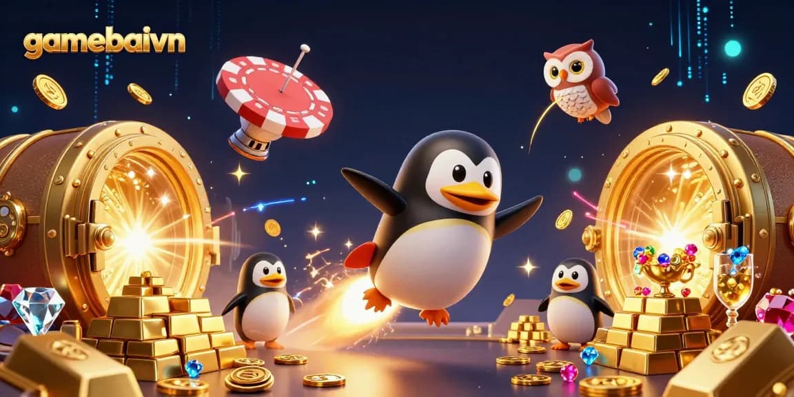 Join the adventure with gamebaivn's golden penguin as it soars towards winning at the poker-themed casino.