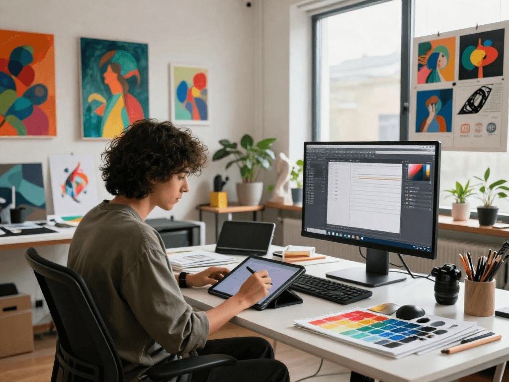 Artist designing vibrant digital art with nsfw ai themes in modern studio