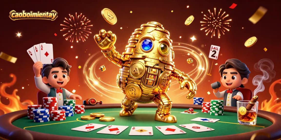 Engage in caoboimientay with a golden golem and vibrant casino elements showing poker action.