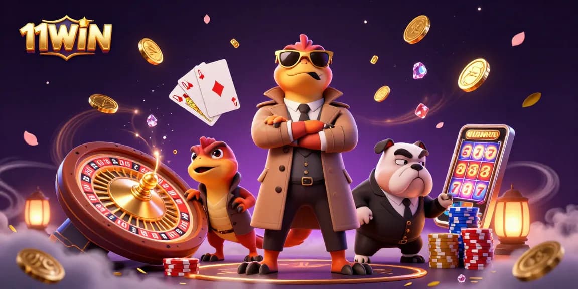 Experience excitement at 11WIN casino, featuring playful raptors in disguise amidst vibrant gaming elements.