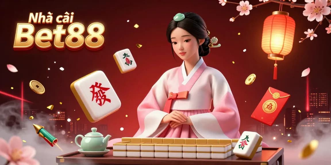 Experience the thrill at Nhà cái Bet88 with vibrant mahjong tiles and festive elements in an energetic casino scene.