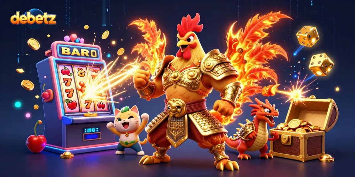 Experience the excitement of debetz with a thrilling casino scene featuring warriors and games.