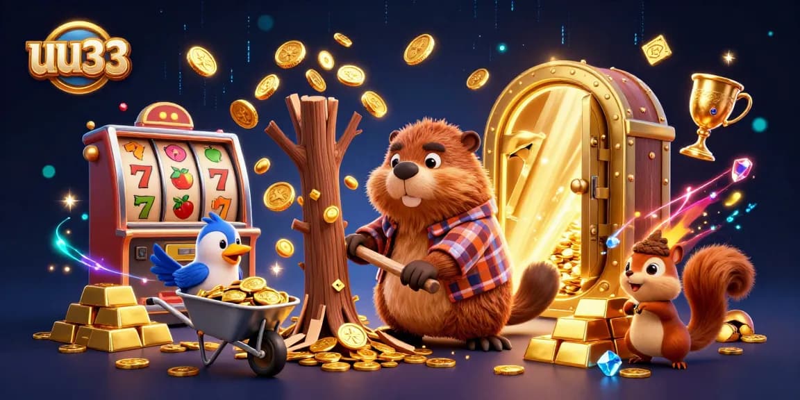 uu33 reveals a vibrant 3D scene with a beaver, bird, and squirrel celebrating casino riches.
