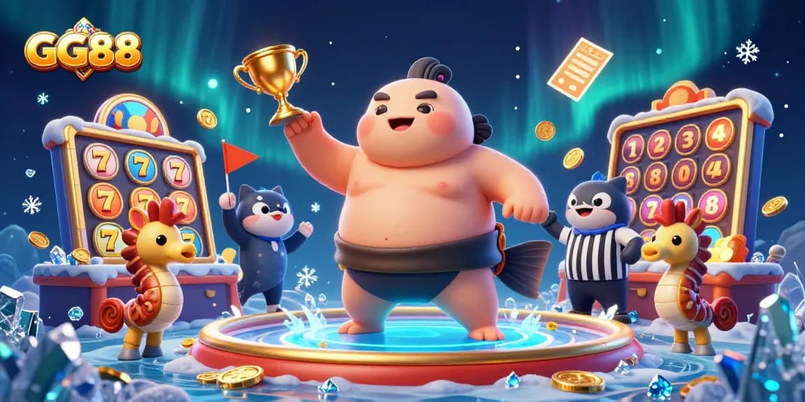 Experience the excitement of GG88 as a puffed-up fugu competes in a dynamic underwater casino wrestling match with casino elements.