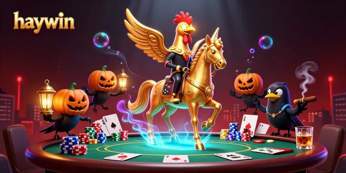 Experience the excitement at haywin's dynamic casino, featuring vibrant gold rooster characters and poker elements.