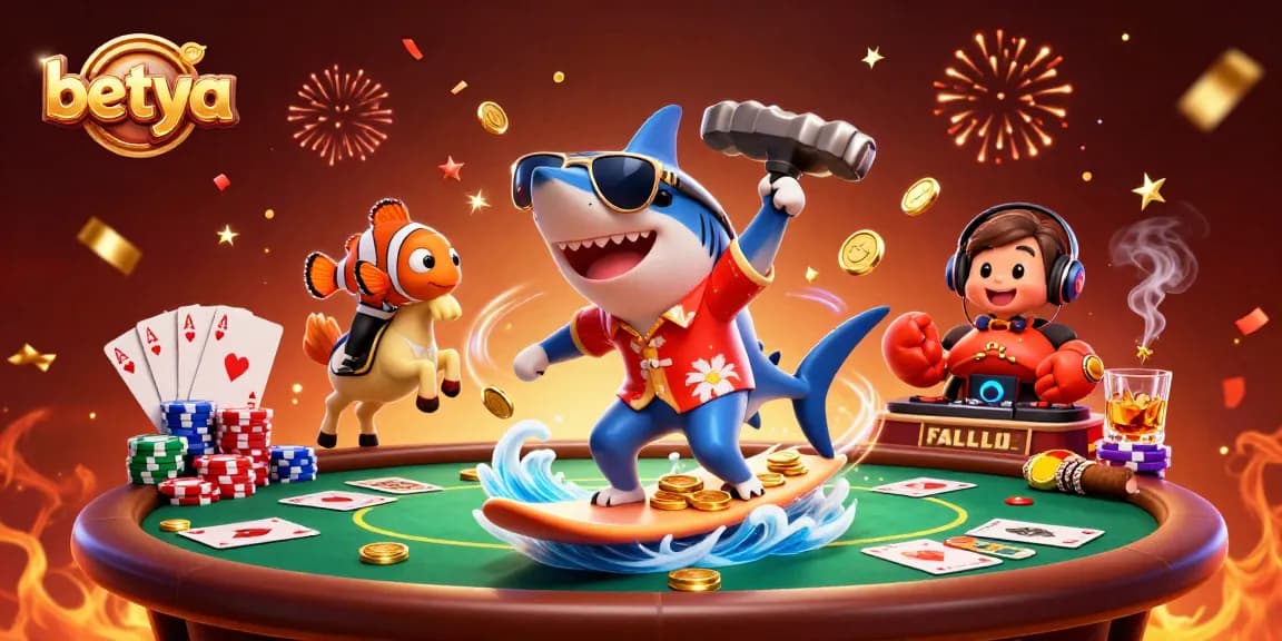 Betya's engaging casino adventure with a shark, clownfish, and crab amidst vibrant gaming elements.