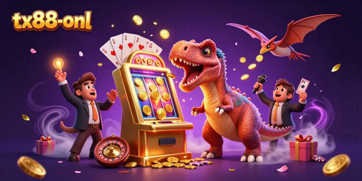 tx88-onl players enjoy jackpots as cartoon dinosaurs interact with casino elements.