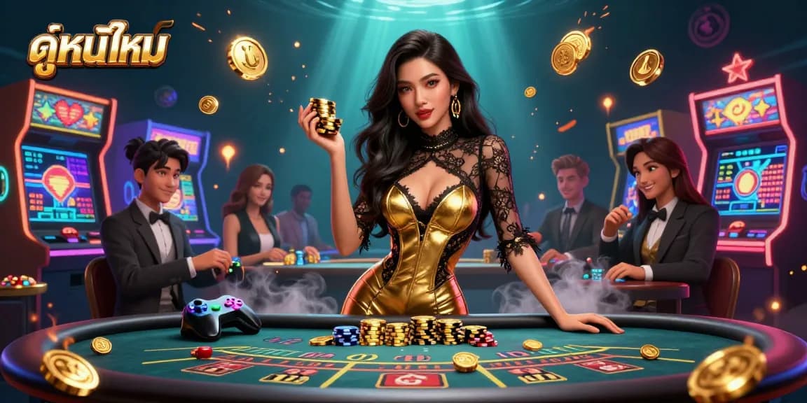 Play ดูหนังใหม่ at a luxurious VIP baccarat table, surrounded by vibrant casino elements.