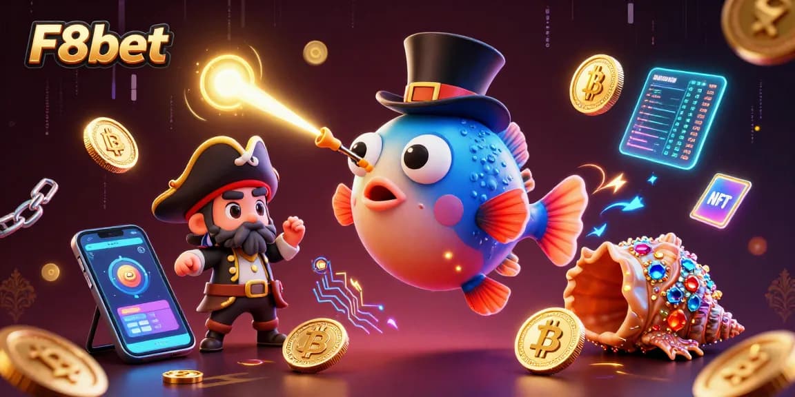 Engage with the thrilling world of F8bet through a vibrant underwater casino scene showcasing characters attracting coins.