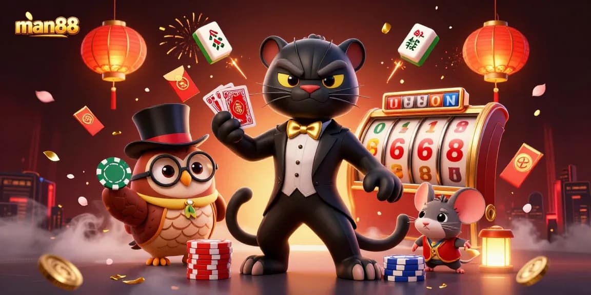 man88 offers an engaging gambling experience with a cartoon panther dealing cards and vibrant gaming elements.