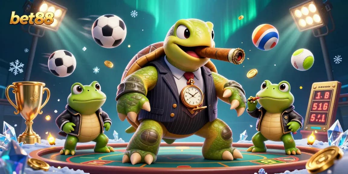 Experience thrilling gaming action at bet88 with a vibrant casino scene featuring a snapping turtle and bullfrog enforcers.