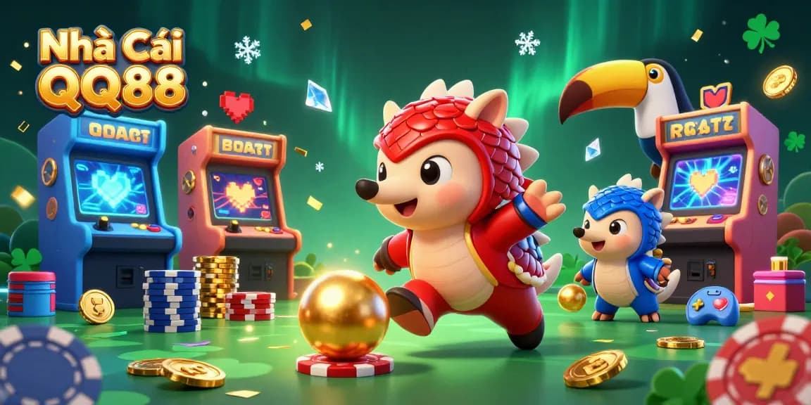 Engage with Nhà Cái QQ88 in this colorful, action-packed scene featuring playful pangolins and vibrant casino elements.