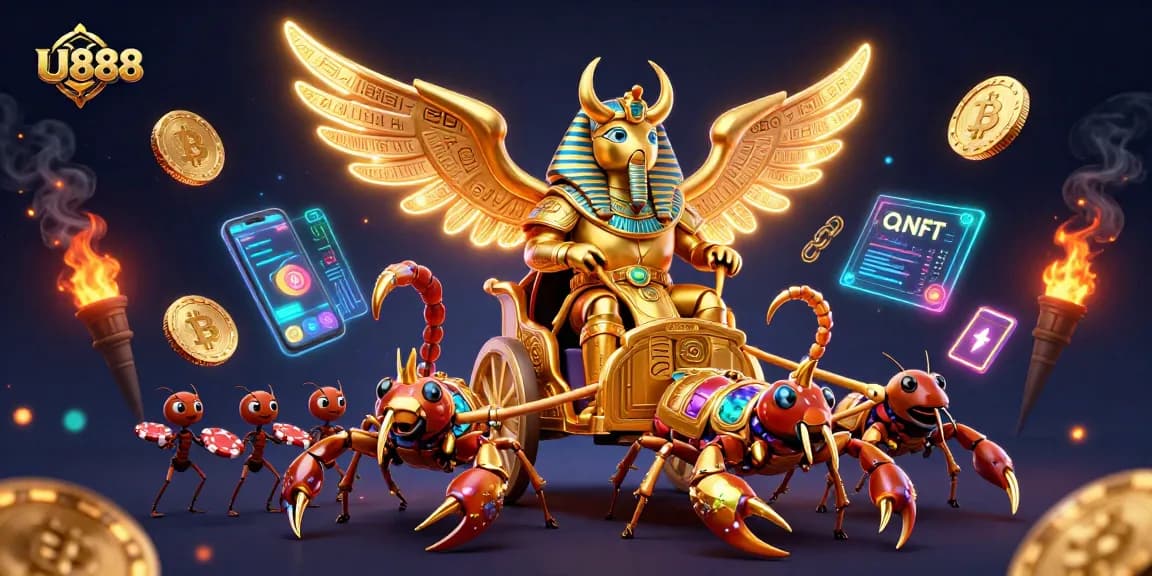 Experience U888's thrilling casino action with a golden beetle and scorpions in a vibrant 3D scene.