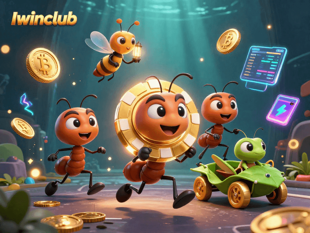 Engage with Iwinclub's thrilling adventure featuring cartoon ants in a heist, with dynamic crypto elements.