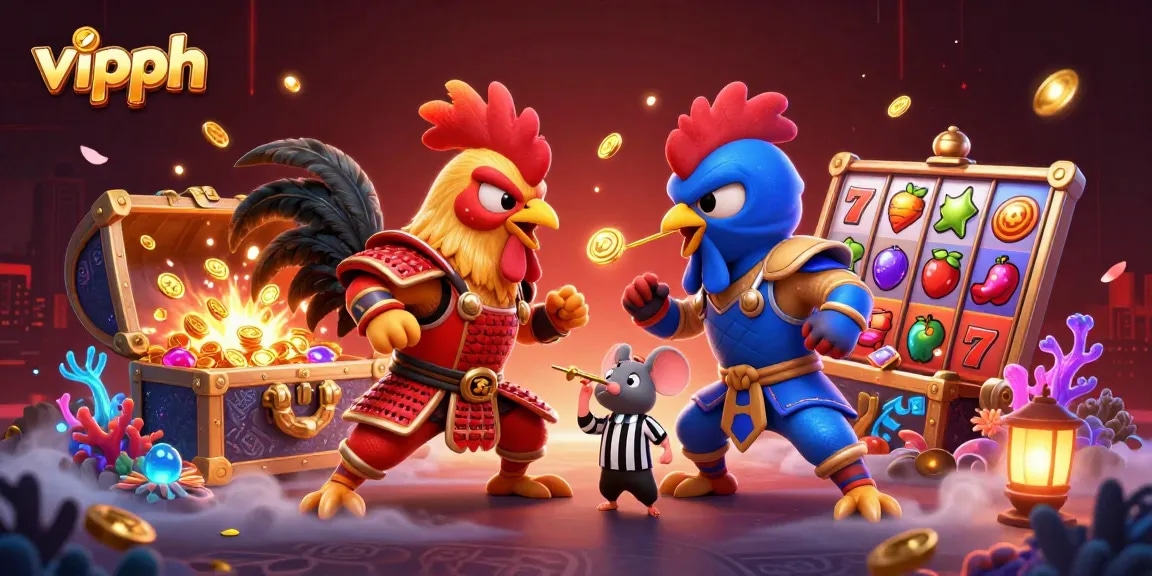 Experience the thrilling competition at vipph with roosters in standoff amidst vibrant casino elements.