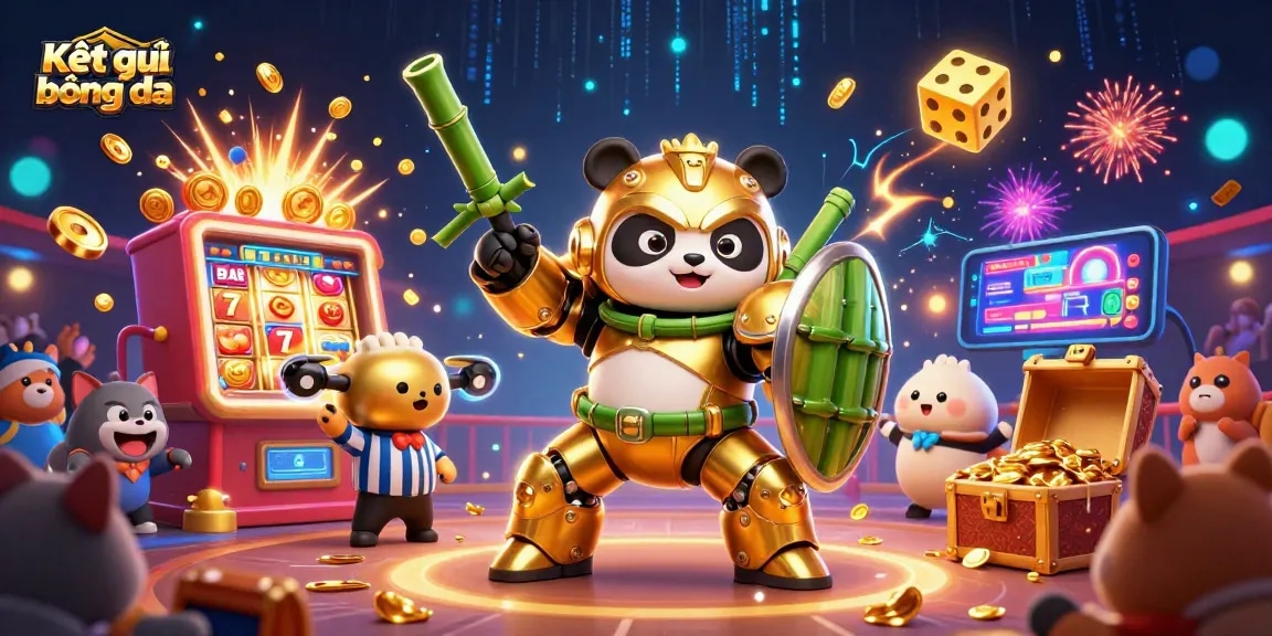 Kết quả bóng đá showcases a lively 3D scene with a golden panda, vibrant casino elements, and an entertaining gaming atmosphere.