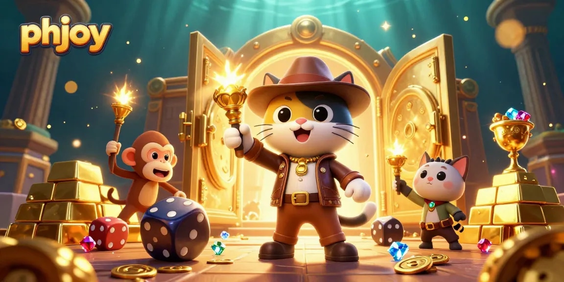 Experience gaming excitement with phjoy as a cat explorer uncovers treasures in a vibrant casino-themed illustration.
