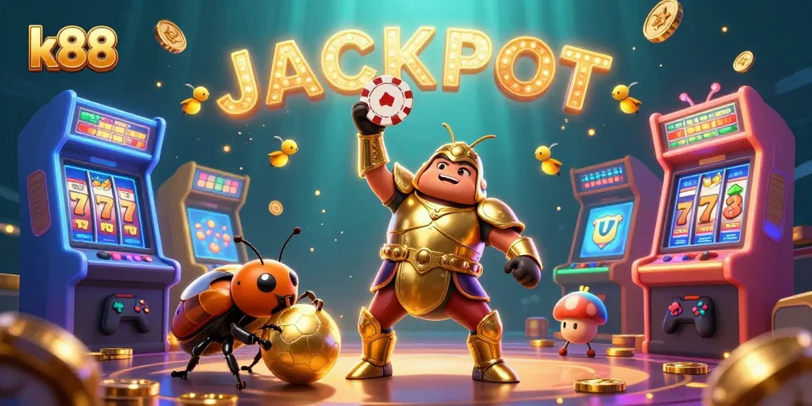 Engage in exciting k88 casino action as a victorious beetle celebrates a jackpot amidst glowing slots and game elements.