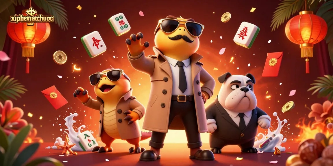 xiphematchuoc challenges players in a 3D illustrated casino scene filled with vibrant mahjong tiles and elements.