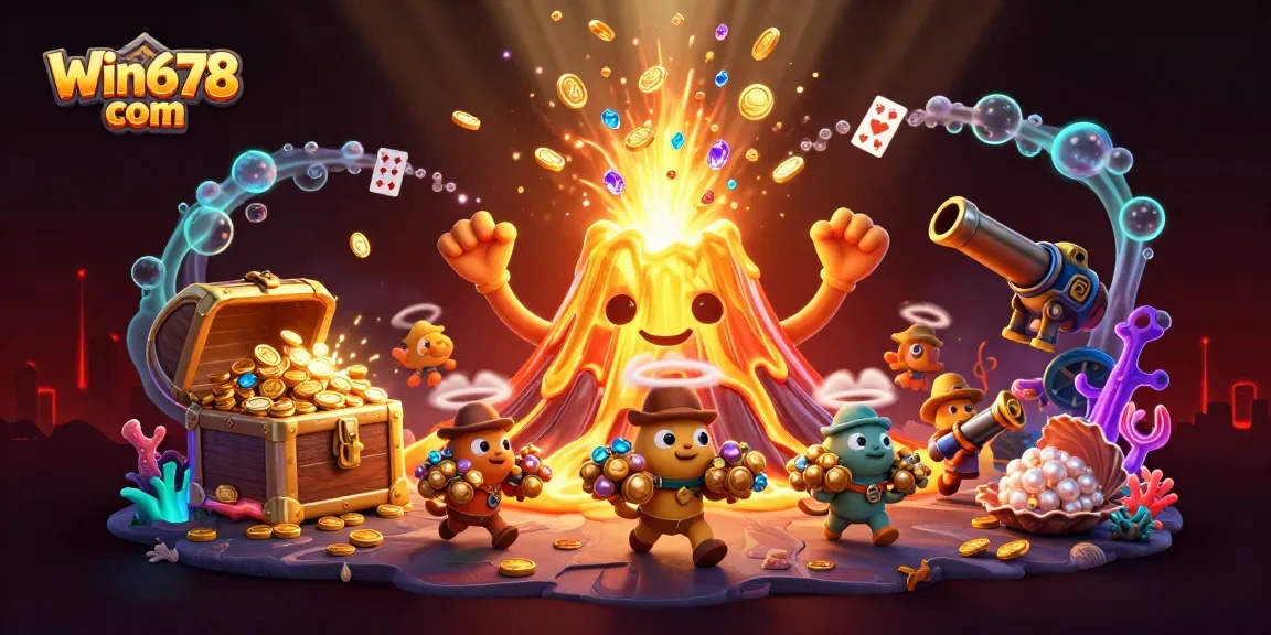Win678 com offers thrilling gameplay with a golden volcano ejecting coins and gems, perfect for gamblers.