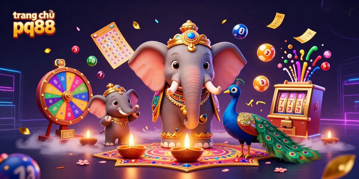 Win big at trang chủ pq88 with a vibrant animated casino scene featuring colorful lottery elements and a festive atmosphere.