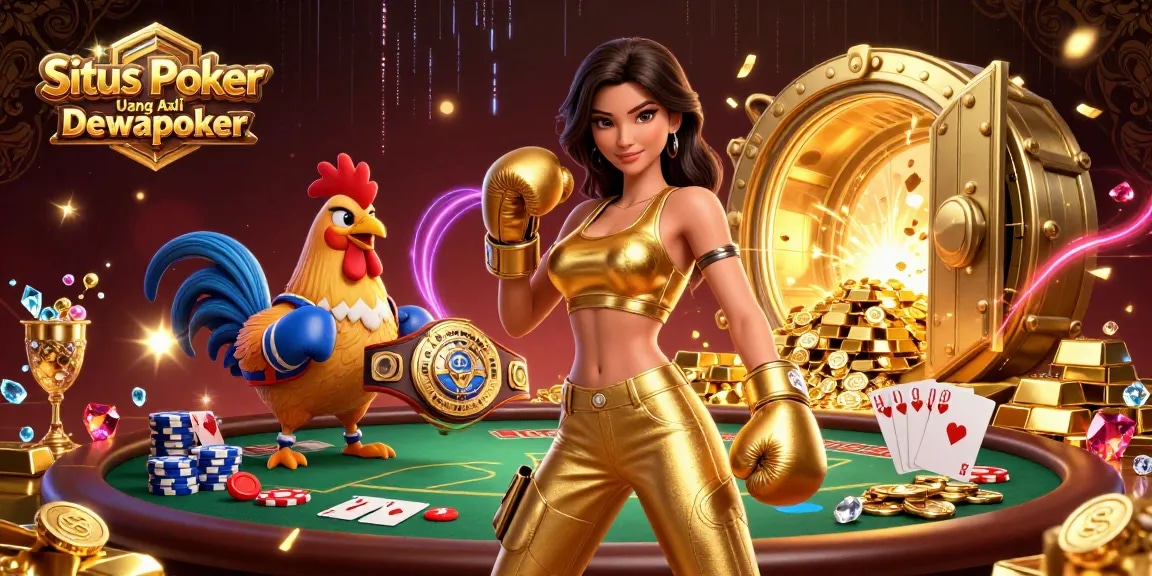 Experience the thrill of Situs Poker Uang Asli Dewapoker with a dynamic 3D casino scene featuring poker elements.