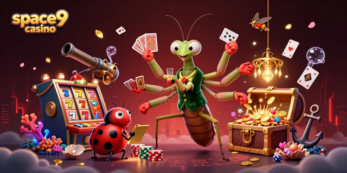 Engaging scene depicting space9 casino with colorful slot elements, a playful praying mantis card sharp, and a ladybug pit boss.