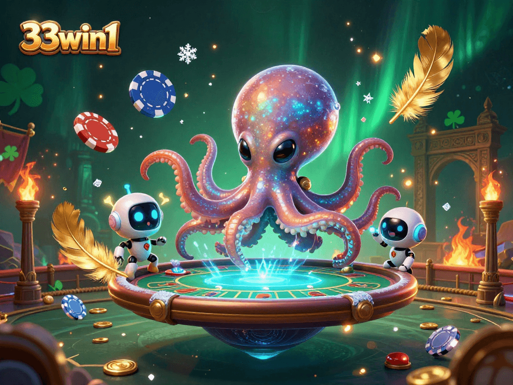 Experience thrilling gameplay with 33win1 at a holographic poker table featuring a cartoon alien octopus.