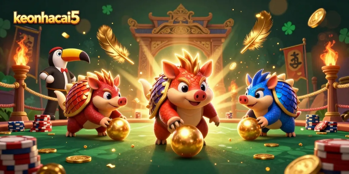 Experience thrilling action with keonhacai5 as rival pangolins battle amidst poker chips.