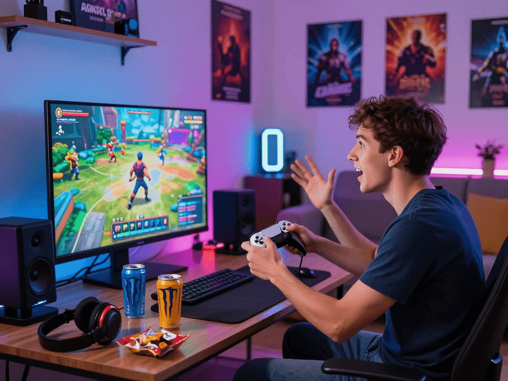 Engaged player enjoying porn games in a vibrant gaming setup.