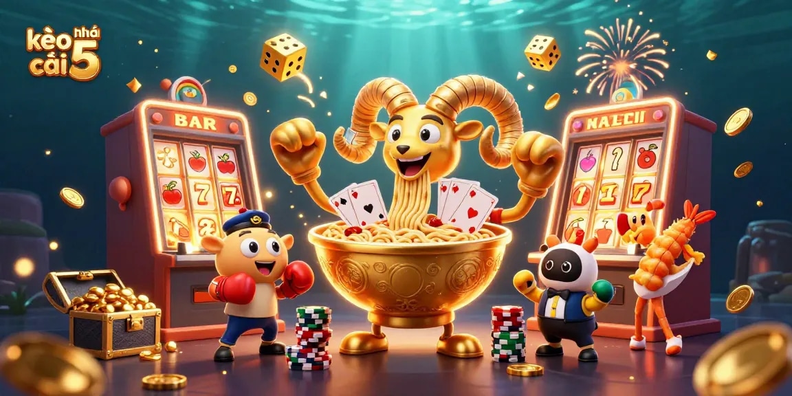 Experience the thrill of kèo nhà cái 5 with a vibrant 3D casino showdown in a packed illustration.