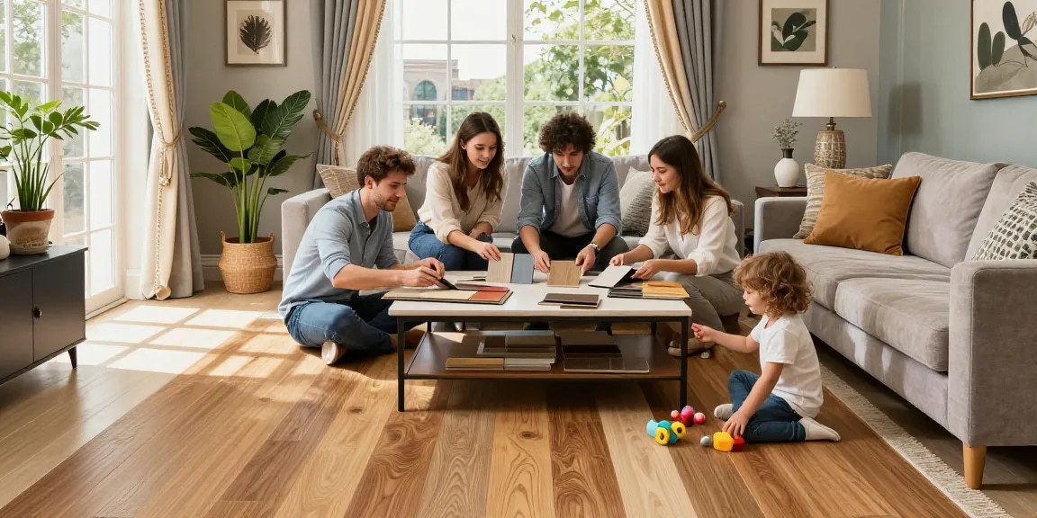Flooring inspiration for British homes showcased in a stylish living room with laminate and engineered wood samples on display.