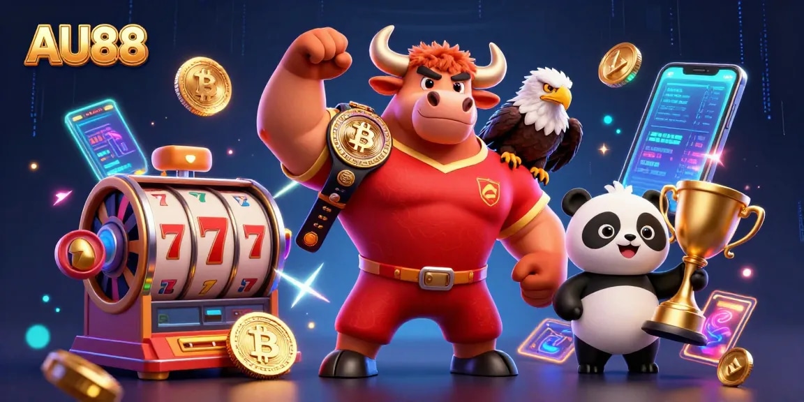 Engage with AU88 as a dynamic illustration featuring a bull mascot and crypto coins celebrating online gambling.