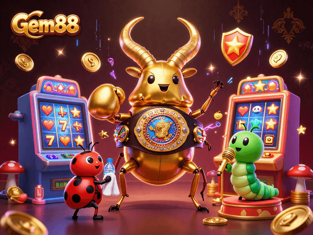 Gem88 captivates players with colorful slot machines and a boxing beetle showdown.
