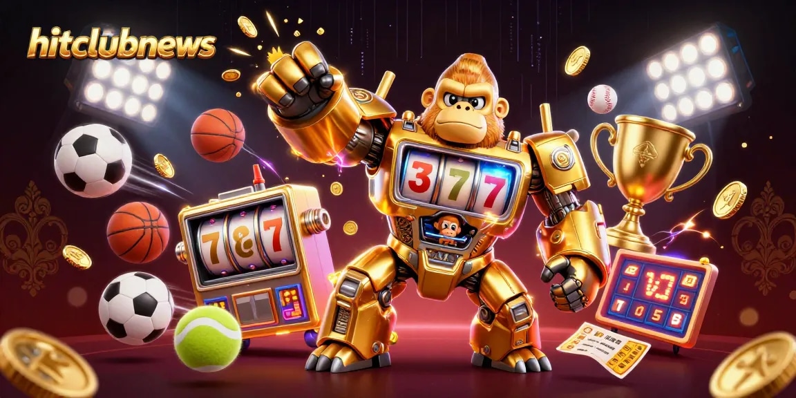 Engage in thrilling wins with hitclubnews as a golden gorilla mech dominates a dynamic casino scene.