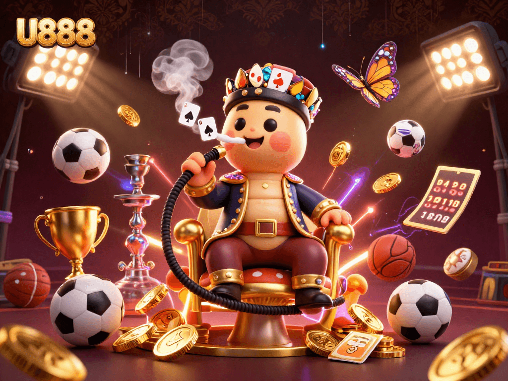 U888 engages players with an energetic 3D depiction of vibrant casino elements and winning symbols.