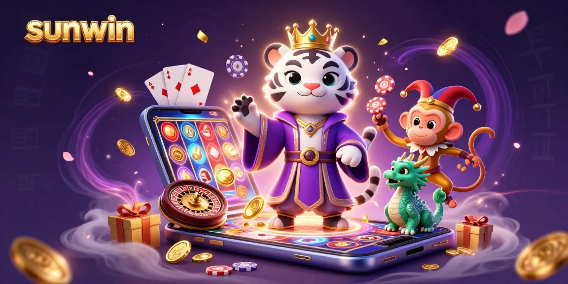 Earn big rewards with sunwin, featuring a royal tiger, jester monkey, and lively jade dragon in a vibrant casino scene.