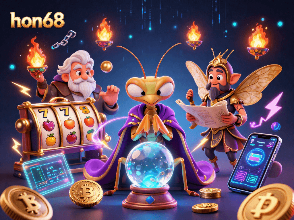 Experience the thrill of hon68 with dynamic symbols and enchanting characters in a vibrant casino scene.