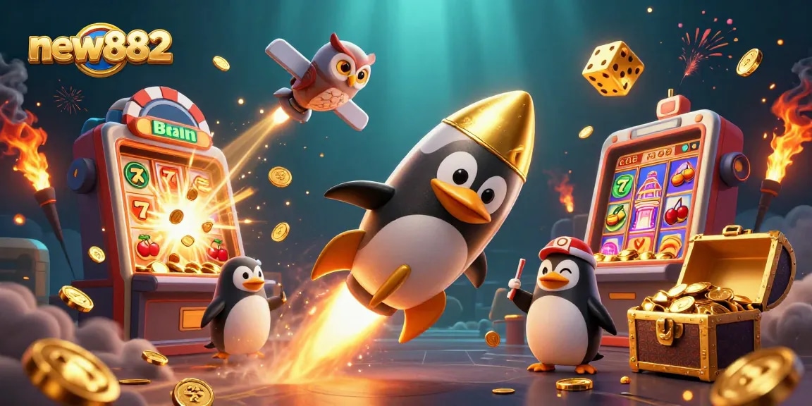 new882 penguin launching into casino space amidst a jackpot explosion of coins
