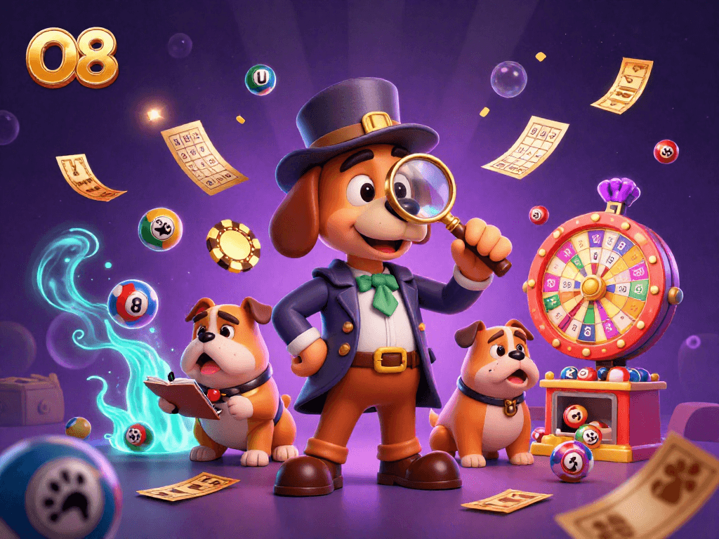 Engage with O8's thrilling world featuring a detective uncovering clues in a dynamic casino illustration.