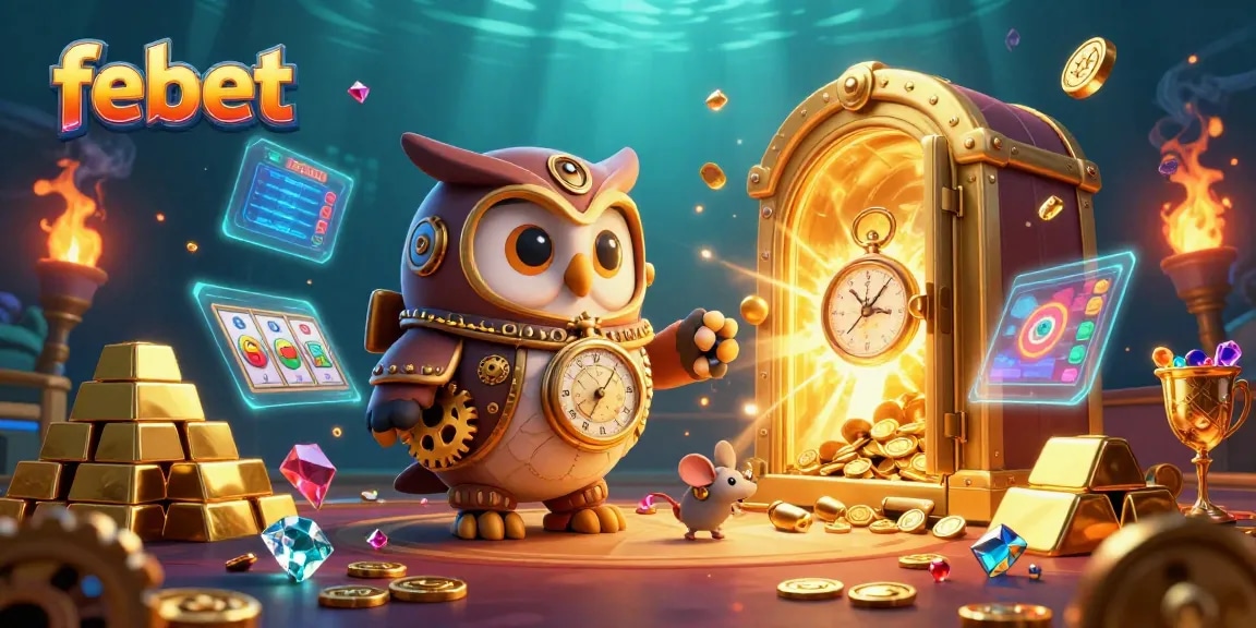 Engage with febet's vibrant casino atmosphere featuring an owl time-traveler in a jackpot scene.