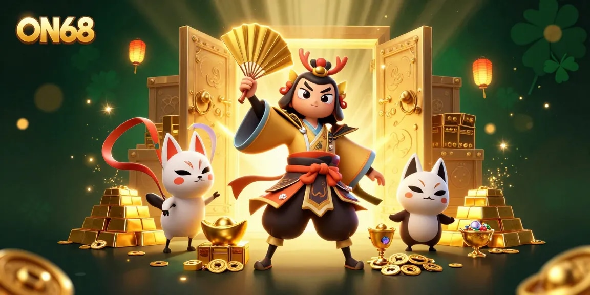 Engage in thrilling gaming at ON68 with vibrant characters surrounded by treasure and casino elements.