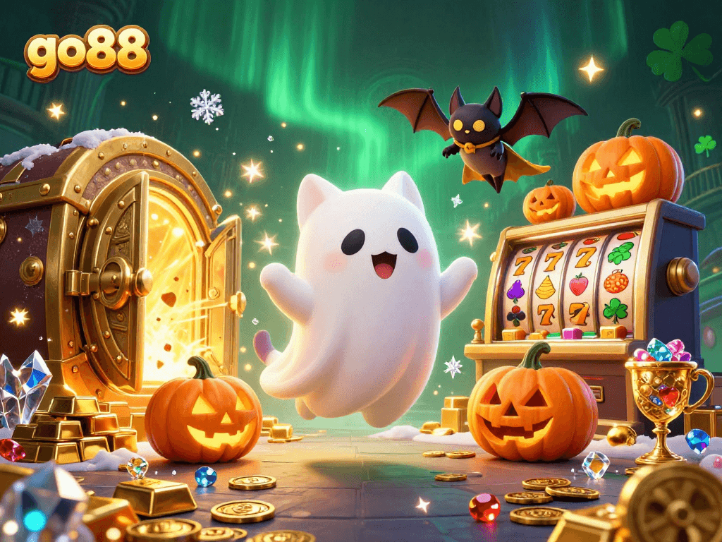 Explore vibrant go88 scenes filled with ghostly casino characters and winning slot symbols.