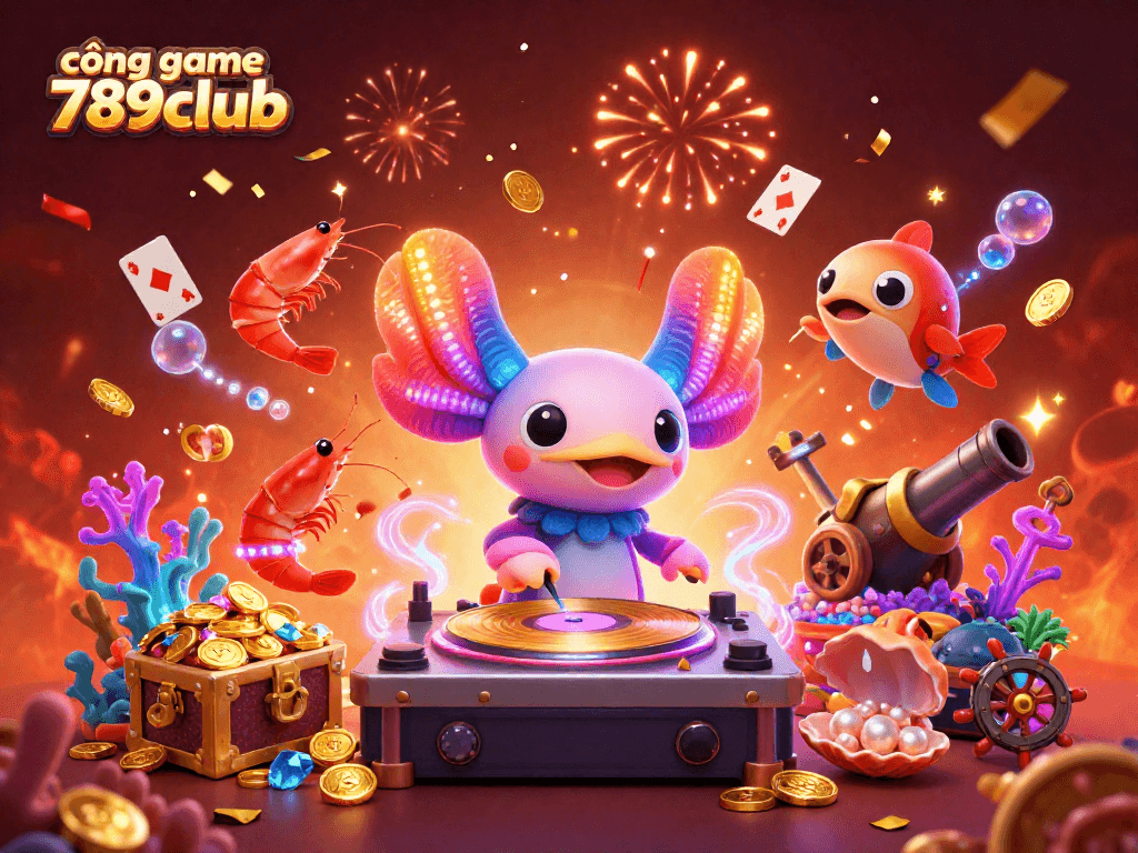 Engage in the vibrant world of cổng game 789club with a neon-themed underwater casino party illustration.