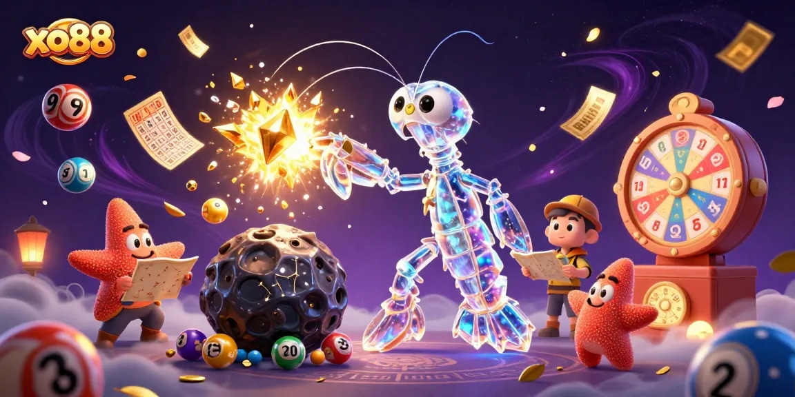 Join the excitement at xo88 with the galactic samurai shrimp and golden gems in a vibrant lottery scene.